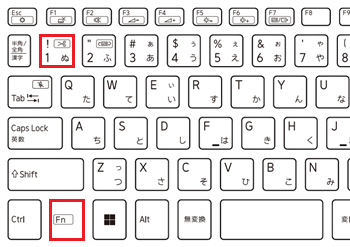 キーボードのFnキーと1キーが赤枠で囲われた画像