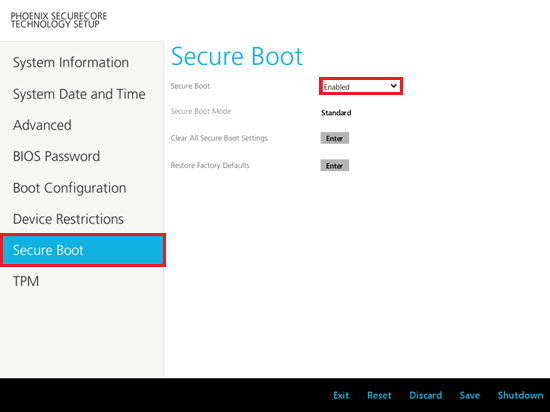 BIOS画面で「Secure Boot」と「Enabled」に赤い枠