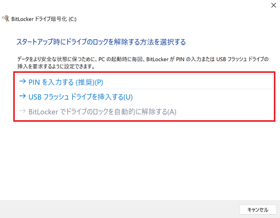 スタートアップ時にドライブのロックを解除する方法を選択する画面で選択肢項目に赤い枠