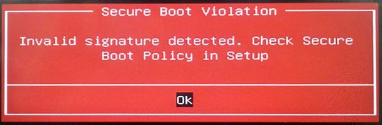 Secure Boot Violationと赤い警告が出ている画像