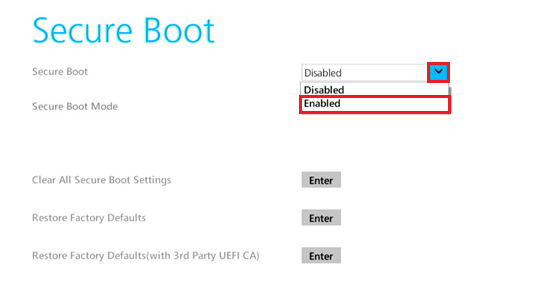 Secure Bootのプルダウン、Enabledが赤で囲われている画像
