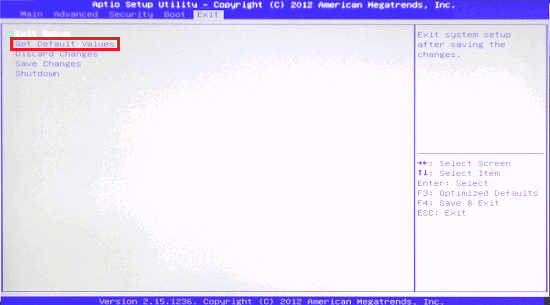BIOS画面で「Get Default Values」に赤い枠