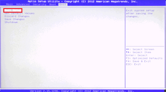 BIOS画面で「Exit Setup」に赤い枠
