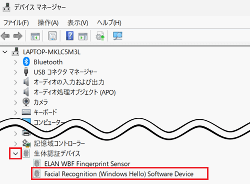 Windows Hello Face Software Deviceが赤で囲われているg増