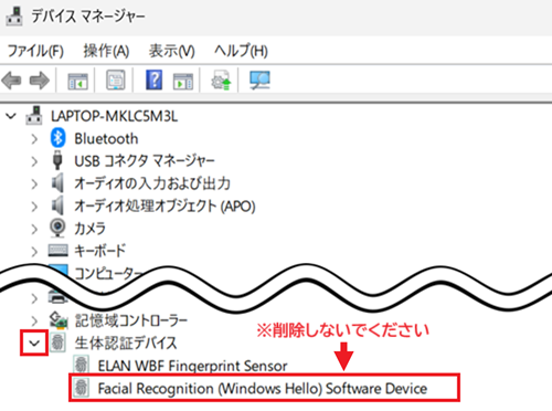 Windows Hello Face Software Deviceが赤で囲われているg増