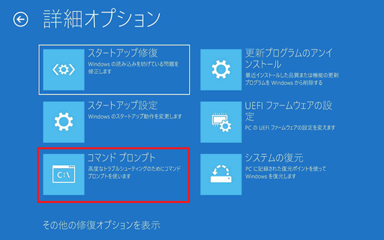 詳細オプション画面で「コマンドプロンプト」に赤い枠