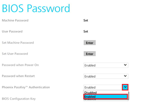 Phoenix PassKey™ Authenticationのプルダウンが赤く囲われている画像