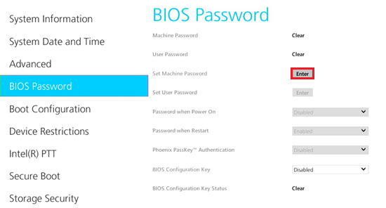 Set Machine PasswordのEnterが赤く囲われている画像