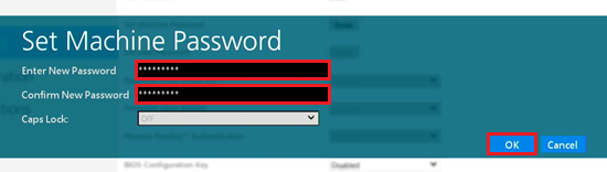Enter New PasswordとConfirm New Passwordの項目、OKが赤く囲われている画像
