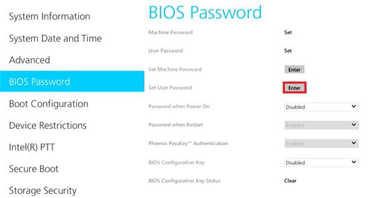 Set user PasswordのEnterが赤く囲われている画像