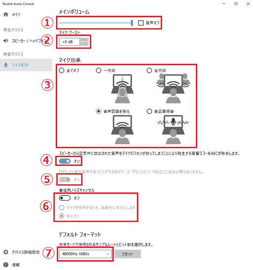 Realtek Audio Consoleの設定画面で「メインボリューム」「マイクブースト」「マイク効果」「音響エコーの設定」「遠方音声ピックアップ」「着信音ノイズキャンセル」「デフォルトフォーマット」に赤い枠
