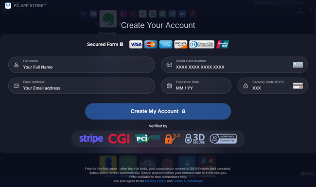 PC APP STOREという画面でクレジットカード情報の入力を求める画像