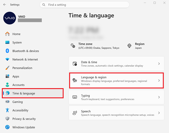 Settings画面で「Time & language」と「Language & region」を選択した画像