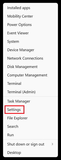 クイックリンクメニュー画面で「Settings」を選択した画像