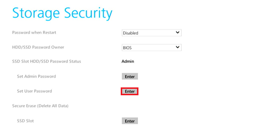 Set User Passwordが赤く囲われている画像