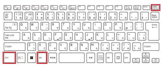 CtrlキーとAltキーとDeleteキーが赤で囲われている画像