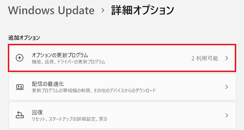 追加オプション項目のオプションの更新プログラムをクリックする画像