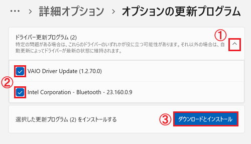 ドライバー更新プログラムをクリックし、更新したいドライバーにチェックを入れ、ダウンロードとインストールをクリックする画像