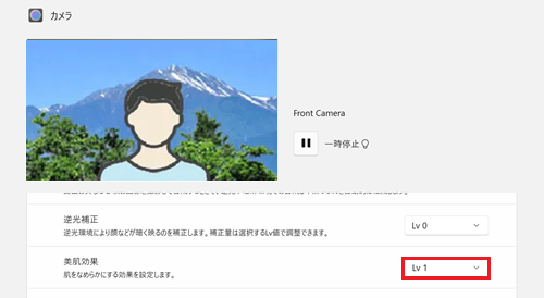 美肌効果の設定画像