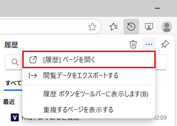 その他のオプションボタン、履歴ページを開くが赤で囲われている画像
