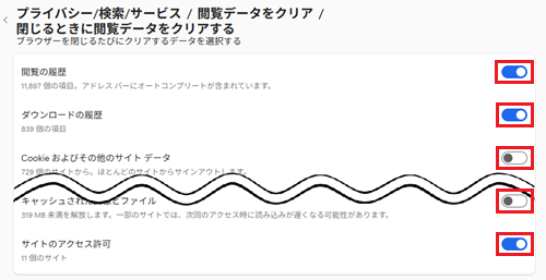 ブラウザーを閉じるたびにクリアするデータを選択する画面のスイッチが赤で囲われている画像