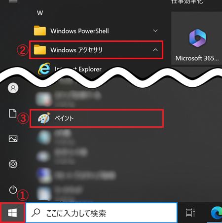 スタートボタン、Windowsアクセサリ、ペイントが赤で囲われた画像