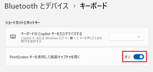 PrintScreen キーを使用して画面キャプチャを開くの項目が赤く囲われている画像