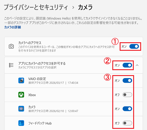 カメラが表示され、カメラのアクセスおよびアプリにカメラへのアクセスを許可するのスイッチをオンにし、カメラを利用したいアプリのスイッチもオンにする画像