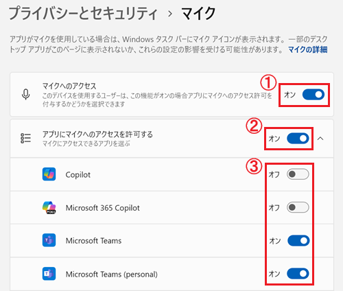マイクが表示され、マイクへのアクセスとアプリにマイクへのアクセスを許可するスイッチをオンにし、マイクを利用するアプリのスイッチをオンにする画像