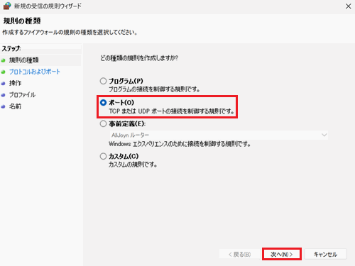 チェックボックス、次へが赤く囲われている画像