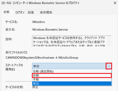 スタートアップの種類の自動が赤く囲われている画像