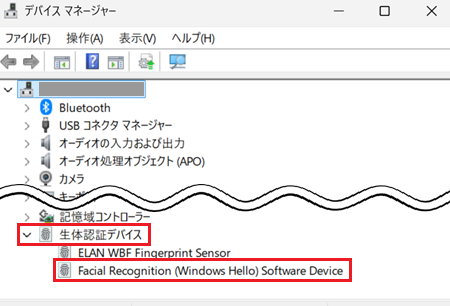 生体認証デバイスとWindows HelloFace Software Deviceが赤く囲われている画像