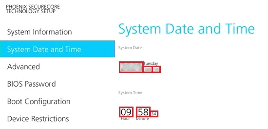 System DateとSystem Timeが赤く囲われている画像