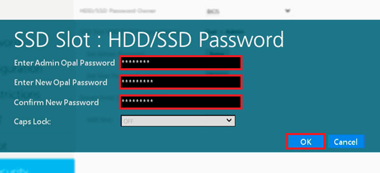 Enter Admin Opal Password、Enter New Opal Password、Confirm New Passwordの入力欄、OKが赤く囲われている画像