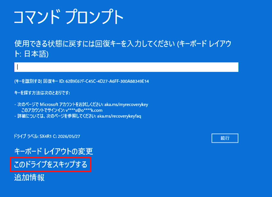コマンド プロンプト画面で「このドライブをスキップする」を選択した画像