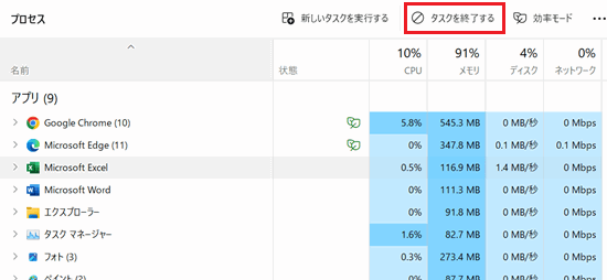 タスクの終了が赤く囲われている画像
