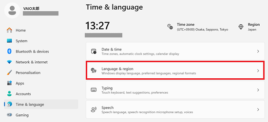 Language&regionが赤で囲われている画像