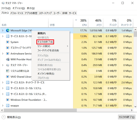 タスクマネージャー画面の右クリックメニューで「タスクの終了」に赤い枠