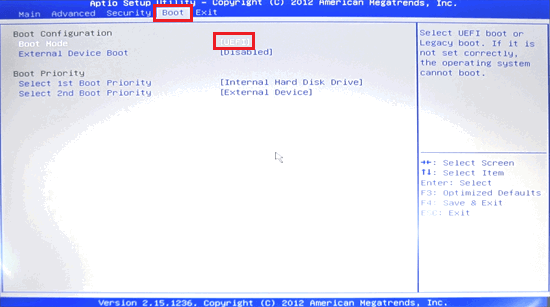 BIOS画面で「Boot」と「Boot Mode」に赤い枠