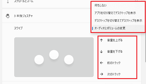 スワイプのプルダウン一覧と選択した項目の挙動が赤枠で囲われた画像