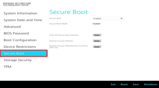 BIOSで「Secure Boot」の項目をクリック