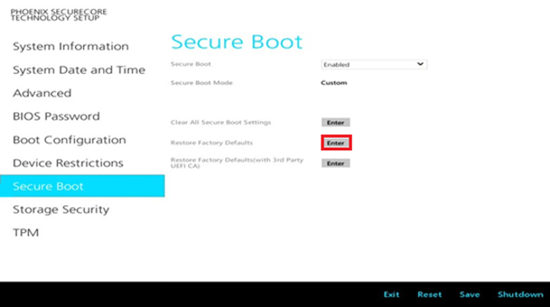 BIOSで「Restore Factory Defaults」をクリック