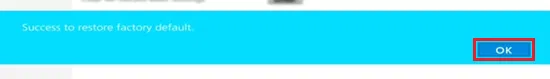 BIOSで「Success to restore factory default.」と表示され、OKボタンが表示されている