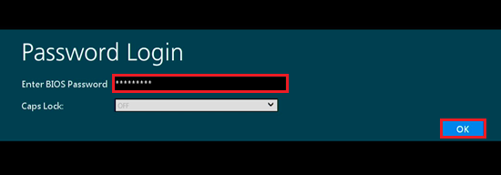 Enter BIOS Password、OKが赤で囲われている画像