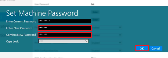 Enter New Password、Confirm New Password、OKが赤で囲われている画像