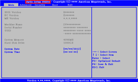 Aptio Setup Utility表示画面