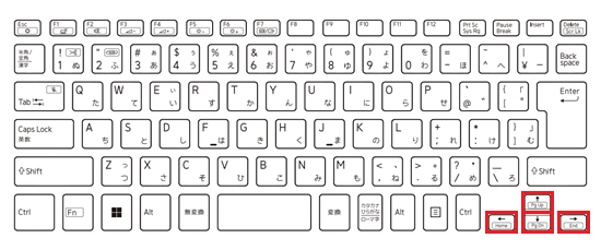 キーボードの矢印キーが赤で囲われた画像