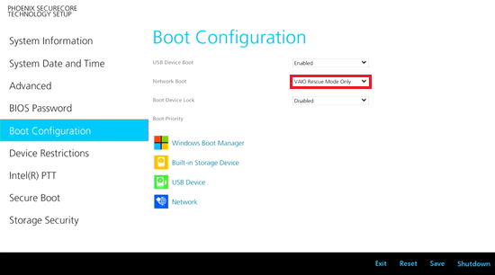 Network Bootのプルダウンが赤で囲われた画像