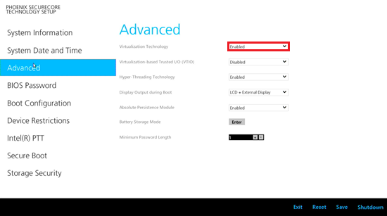 Virtualization Technologyのプルダウンが赤枠で囲われた画像
