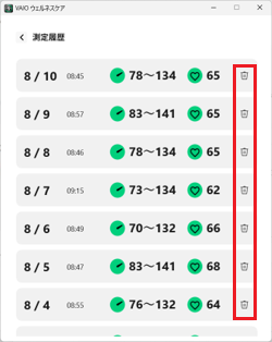 過去の測定結果から特定のデータのみ削除ができる説明でゴミ箱のみ赤で囲んでいる画面